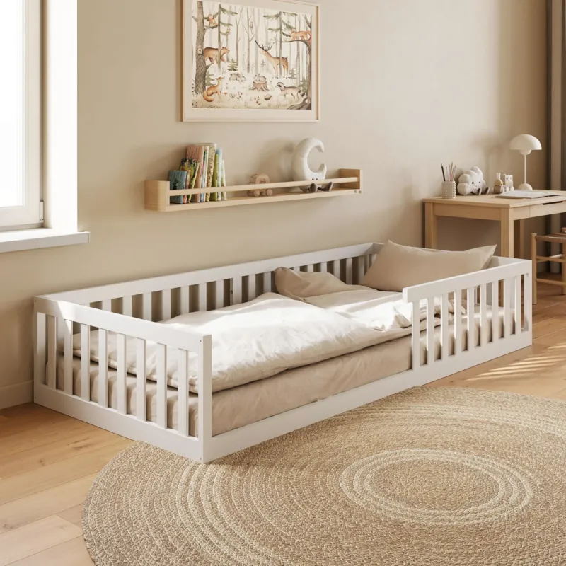 Kids Collective Kinderbett Bodenbett mit Rausfallschutz & Lattenrost Montessori Bett Bed Gitterbett Kinder Jugendbett Einzelbett | Weiß | Größen 90x200 120x200 140x200 cm