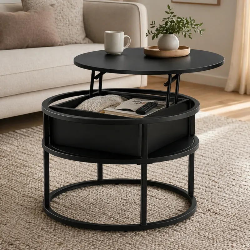 Home Collective Couchtisch Beistelltisch Ø 60 cm höhenverstellbar mit Stauraum Wohnzimmertisch modern | Wohnzimmer Möbel Couch Tisch Sofa | stabiles Metallgestell mit integriertem Fach | Schwarz