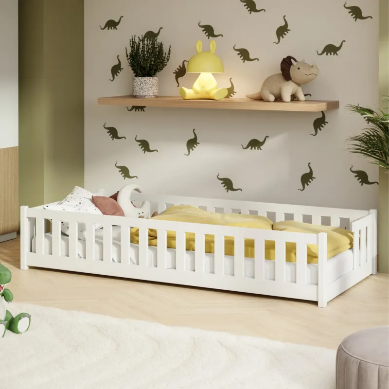 Kinderbett Bodenbett mit Rausfallschutz & Lattenrost Montessori Bett Bed Gitterbett Kinder Jugendbett Einzelbett | Verfügbare Größen: 80x160, 80x180, 90x190, 90x200, 120x200, 140x200 cm