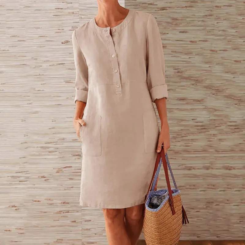Linen Summer Shift Dress Button-Front Roll-Up Sleeves - Product showcase