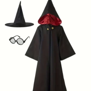 Kids Wizard Costume Set Black Robe With Red Hood Lining - Product showcase