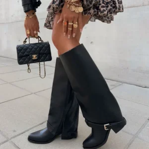 Classic Knee High Boots Black Leather with Side Buckle Detail - Product showcase
