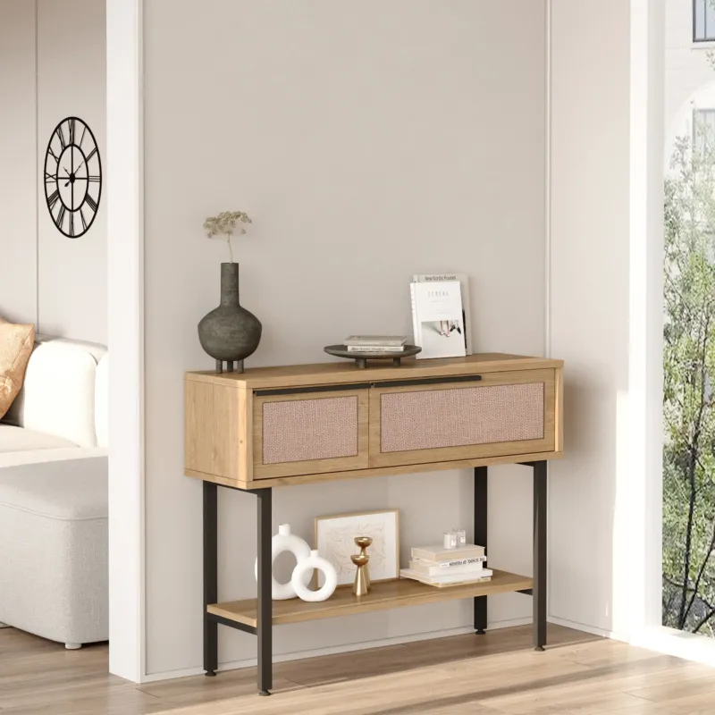 Konsolentisch Kvænangen 100x30x76 cm Eiche/Rattanoptik [en.casa] - premiumXL