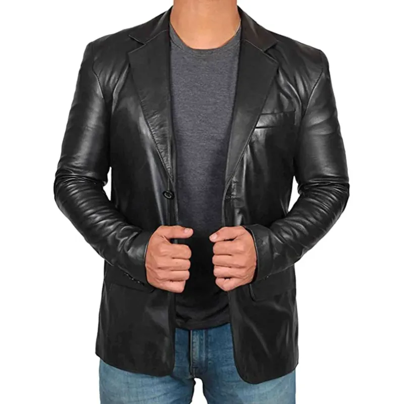 Premium Leather Blazer Modern Cut Black Lambskin - Product showcase