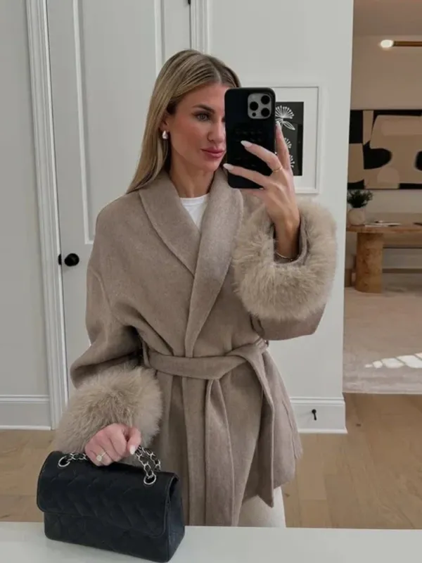 Luxury Wool Wrap Coat Faux Fur Cuff Detail - Product example