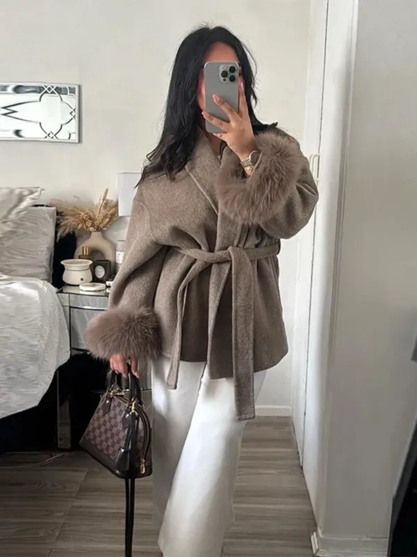 Luxury Wool Wrap Coat Faux Fur Cuff Detail - Detailed view