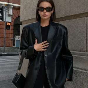 Faux Leather Blazer Classic Lapel Design with Front Pockets - Product showcase