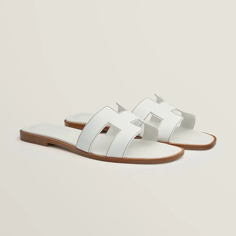 Classic Leather Sandals White Cut-Out Design With Wooden Sole - Product showcase