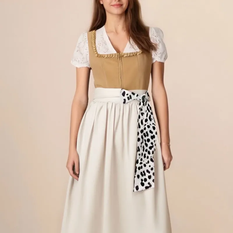 Modern Dirndl Dress Khaki Cotton With Leopard Print Accent - Product showcase
