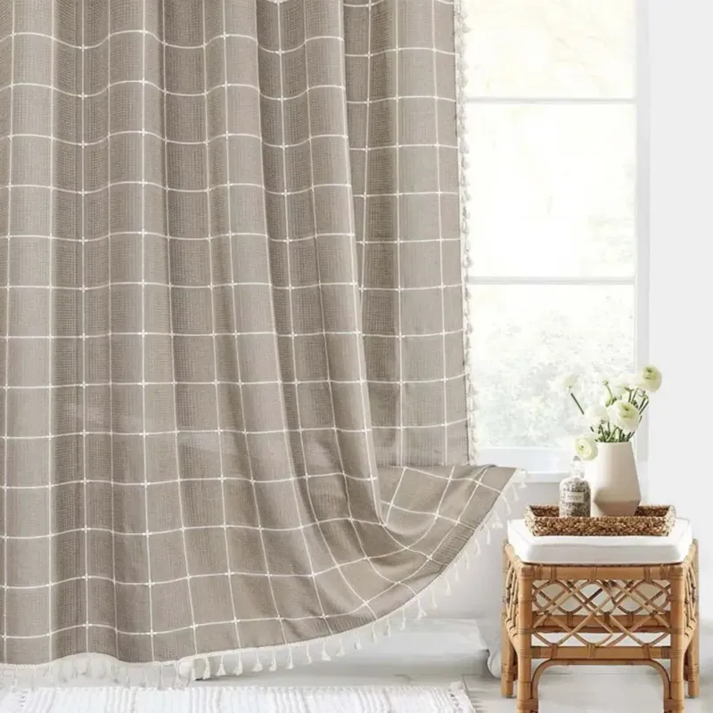 Linen Shower Curtain Boho Tassel Farmhouse Design - Product showcase