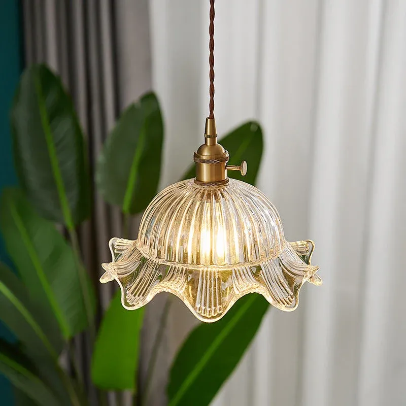 Vintage Glass Pendant Light Ribbed Dome Brass Fixture - Product example