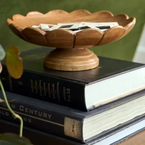 Decorative Antiqued Wood Footed Bowl shown styled