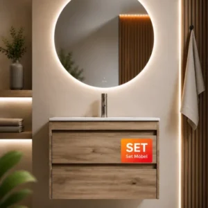 Badmöbel-Set mit Waschbecken und rundem LED-Badspiegel, 80 cm, 2 Schubladen, Eiche – MPA0802HFCMO4