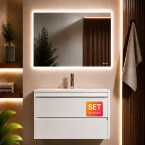 Badmöbel-Set mit Waschbecken und LED-Badspiegel, 80 cm, 2 Schubladen, Weiß glänzend – MPA0802WGCMO1