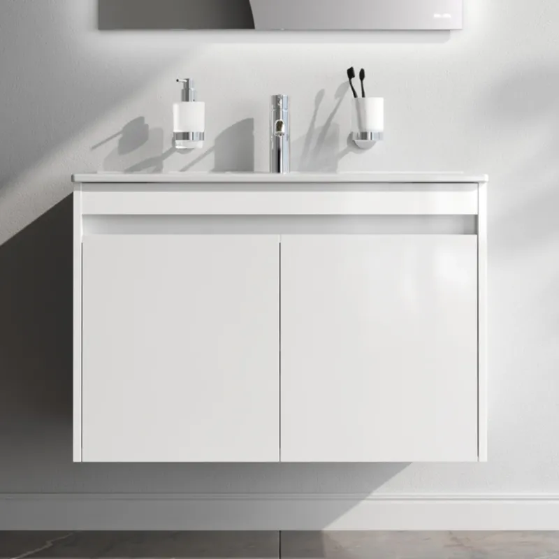 Waschtischunterschrank mit Waschbecken, 80 cm, als Flachpaket, 2 Türen, Weiß glänzend – MPAX0801WG-C0802WG