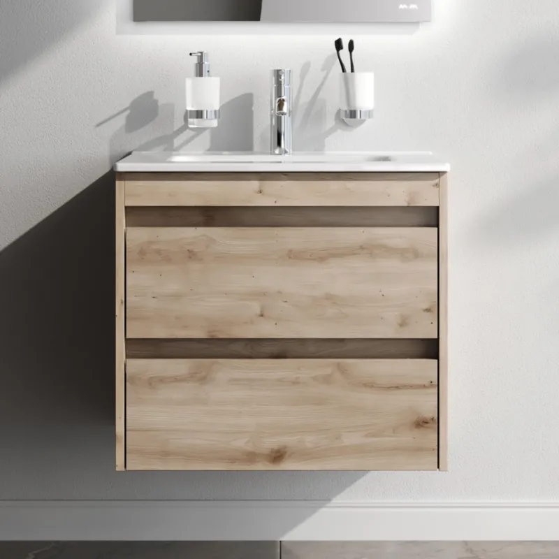 Waschtischunterschrank mit Waschbecken, 60 cm, als Flachpaket, 2 Schubladen, Eiche – MPAX0602HF-C0602WG