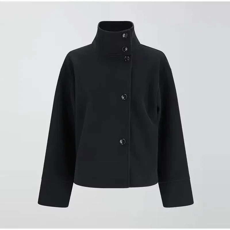 Womens Short Wool Coat Stand Collar Button Closure - Product showcase