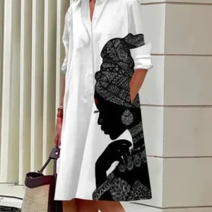 Artistic Cotton Shirt Dress Black Silhouette Print Design - Product showcase
