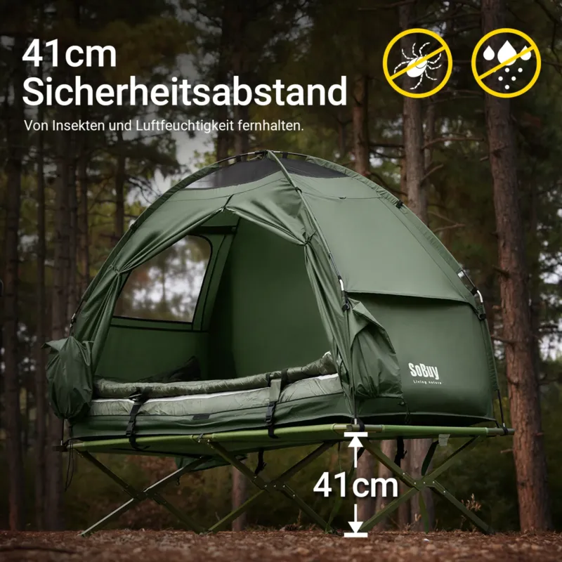 SoBuy | Feldbett mit Zelt 1 Person | 7in1 Campingbett mit Zelt Grün | 193x160x86cm | OGS32-GR