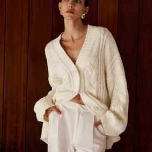 Oversized Cable Knit Cardigan Cream Cotton Blend V-Neck - Product showcase
