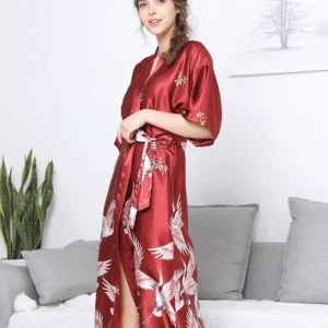 Silk Satin Kimono Robe Flying Cranes Embroidered Design - Product showcase