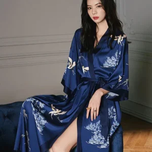 Silk Kimono Robe Japanese Crane Print Navy Blue - Product showcase