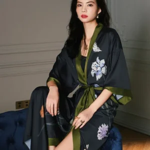 Floral Silk Robe Oriental Kimono Style With Green Trim - Product showcase