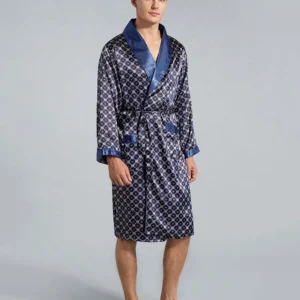 Luxury Mens Robe Navy Geometric Satin Kimono - Product showcase