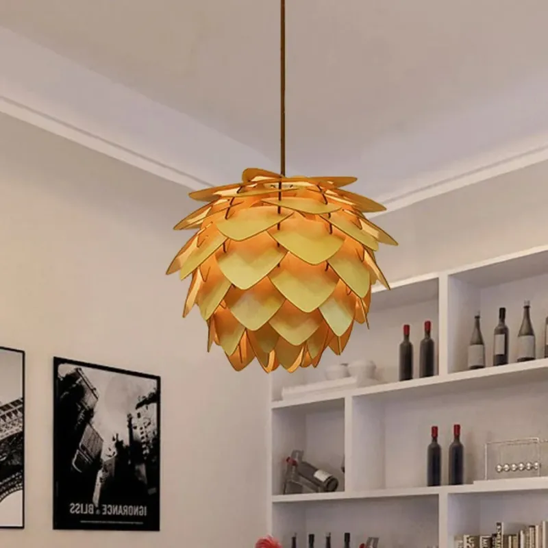 Pine Cone Pendant Light Rustic Wood Layered Shade Design - Product showcase