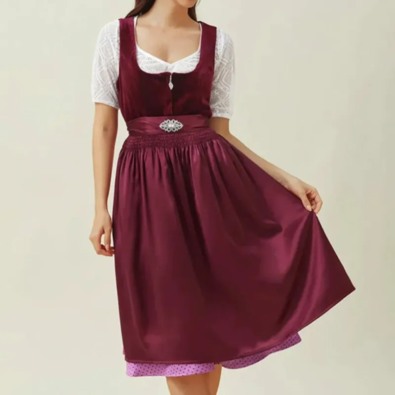 Traditional Dirndl Dress Purple Velvet with Embellished Apron - Product showcase