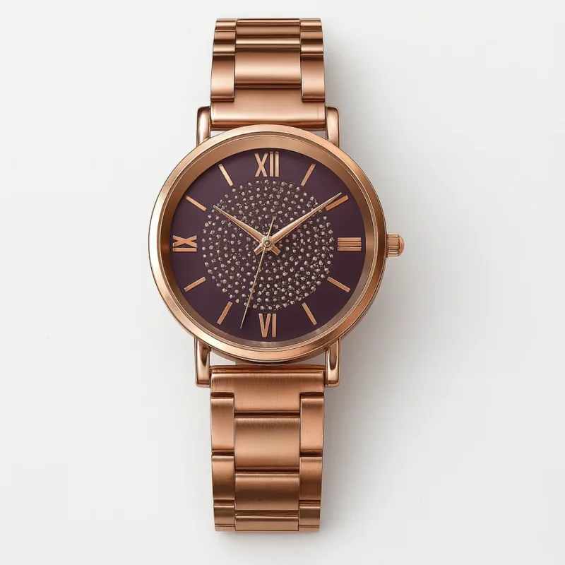 Rose Gold Watch Crystal Embellished Purple Dial - Product showcase