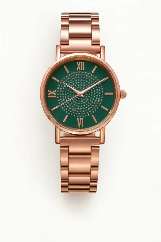 Rose Gold Watch Crystal Embellished Purple Dial - Detailed view