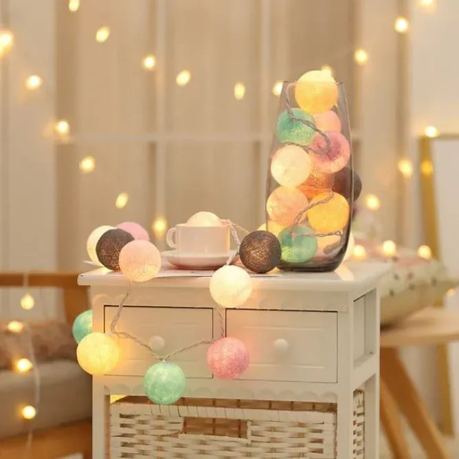 Cotton Ball String Lights Colorful LED Garland - Detailed view