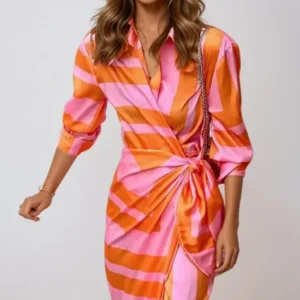 Striped Silk Maxi Dress Orange Pink Wrap Design - Product showcase