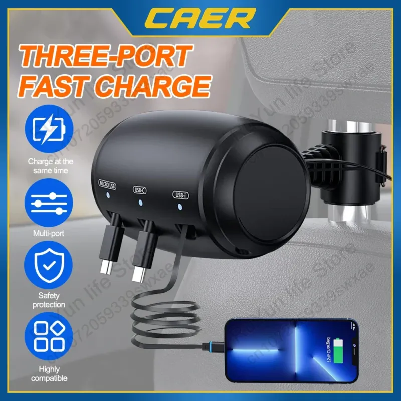 Multi-Port Car Charger 3-in-1 Retractable Fast Charging Hub - Product showcase