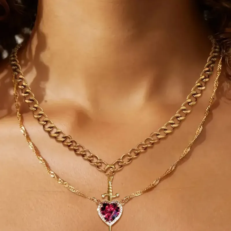 Romantic Pendant Necklace Set Heart And Sword Design With Crystal Accents - Product showcase