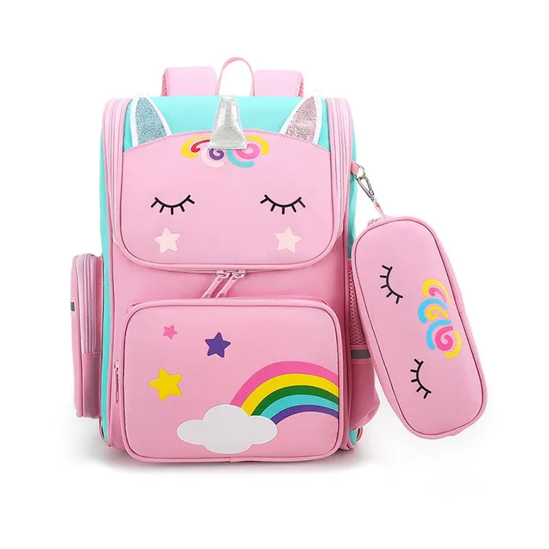 Kids Unicorn School Backpack Rainbow Design With Matching Pencil Case - Product showcase