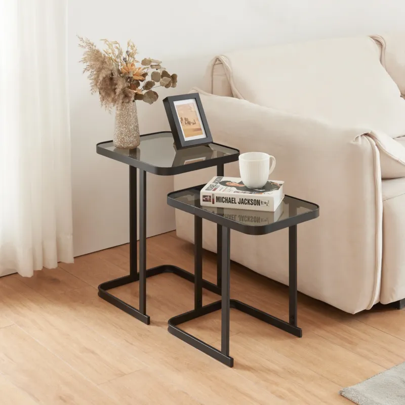 Satztisch Laxå 2er Set Glas und Metall Schwarz [en.casa] - premiumXL