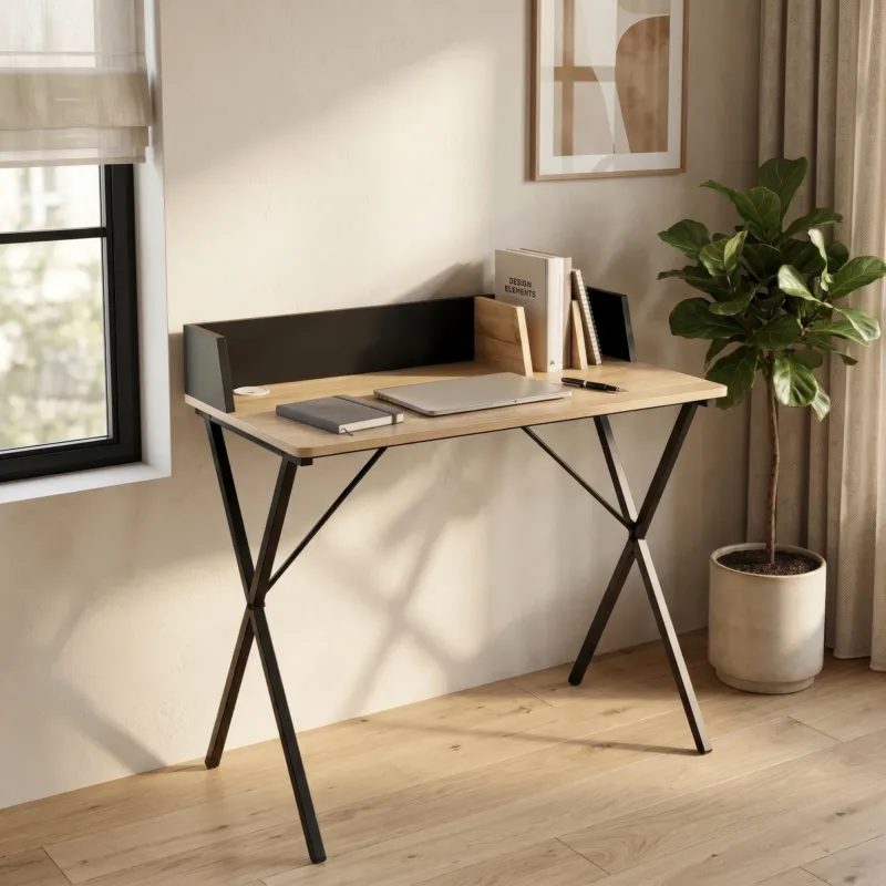 Schreibtisch Kappespoo 84x80x50 cm Schwarz/Eicheoptik [en.casa]