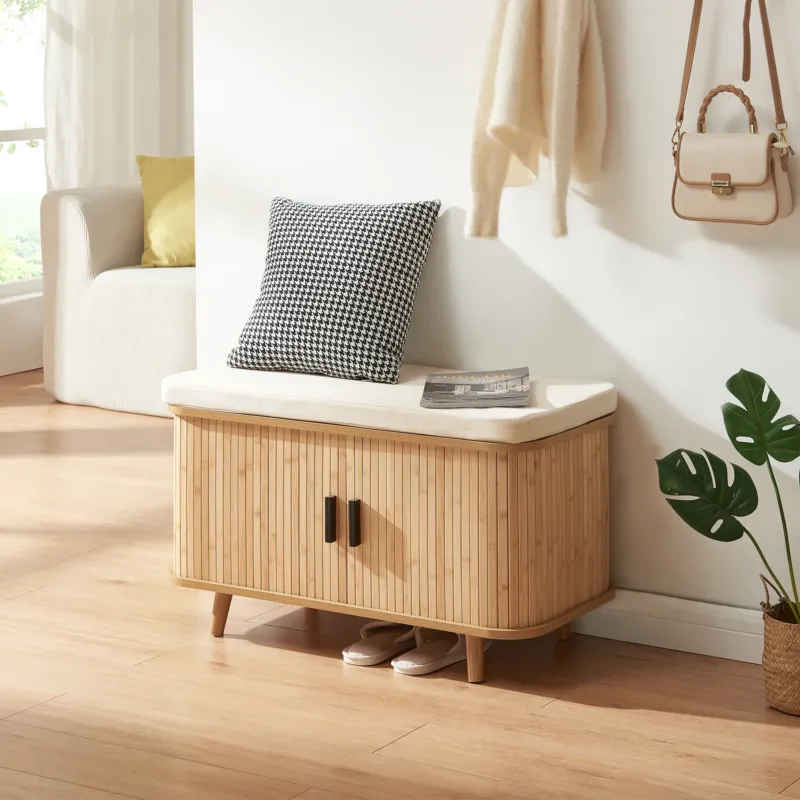 Schuhschrank mit Sitzkissen Tvedestrand 50x80x40 cm Bambus/Beige [en.casa]