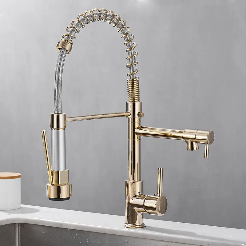 Professional Kitchen Faucet Spring Pull Down Design Gold Brass Finish - Product showcase