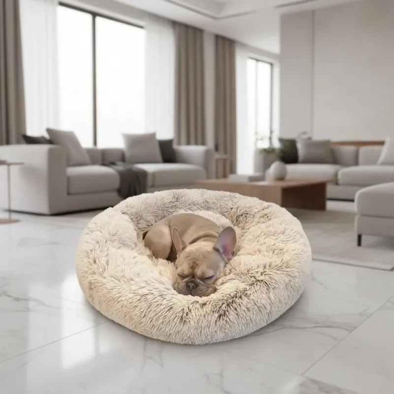 Plush Dog Bed Round Raised Edge Calming Design - Product showcase