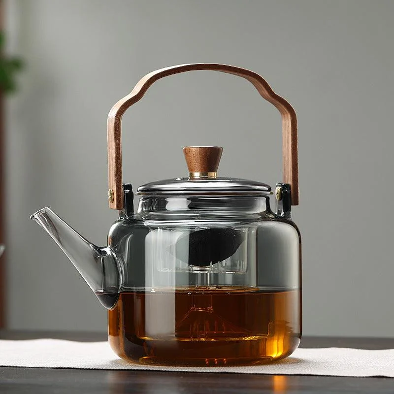 Glass Teapot with Wood Handle Smoked Glass Tea Brewing Pot - Product showcase