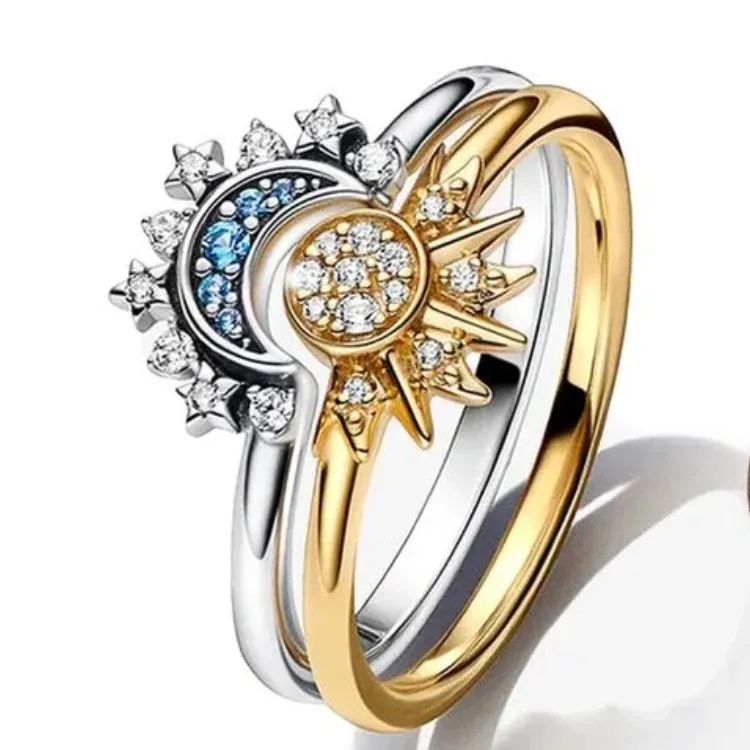 Celestial Stack Ring Set Sun Moon Crystal Design - Product showcase