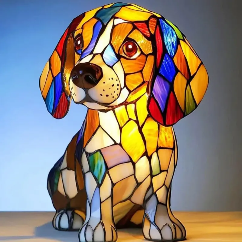 Stained Glass Dog Lamp Color Changing LED Night Light - Detailed view
