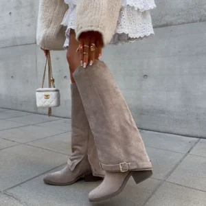 Suede Knee High Boots Classic Beige Block Heel Design - Product showcase