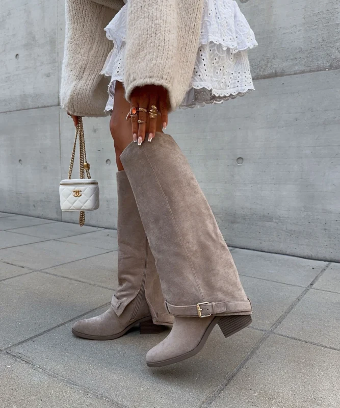 Suede Knee High Boots Classic Beige Block Heel Design - Product showcase