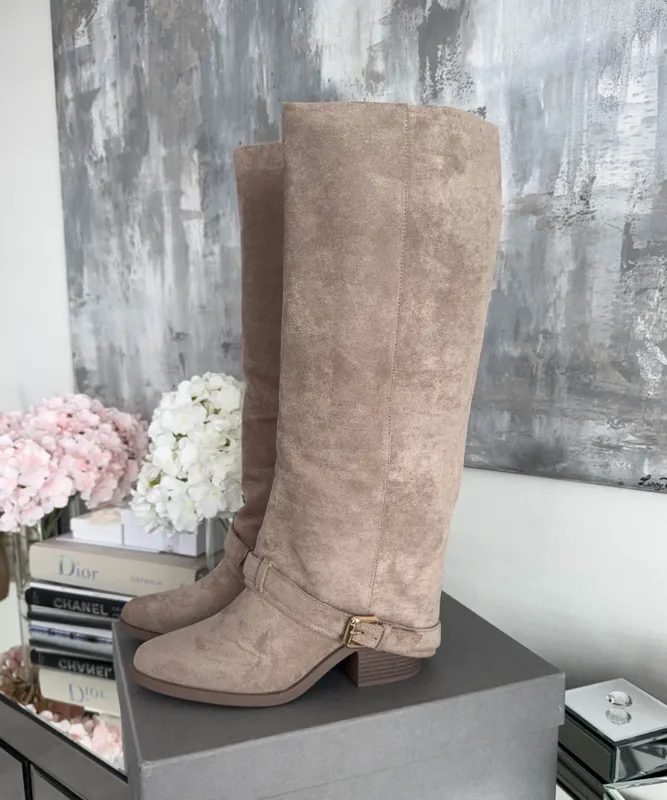 Suede Knee High Boots Classic Beige Block Heel Design - Product example