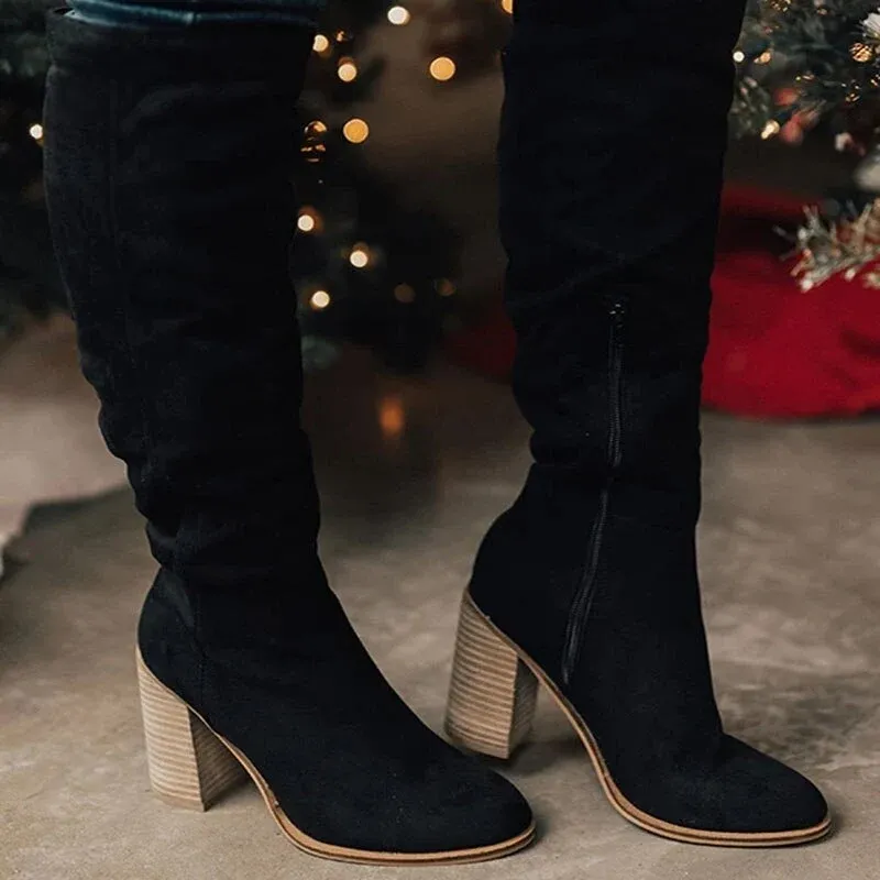 Suede Knee High Boots Stacked Block Heel Design - Product showcase