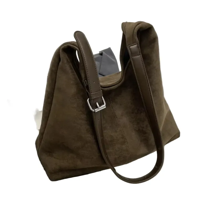 Suede Hobo Bag Premium Leather Trim With Adjustable Strap - Detailed view